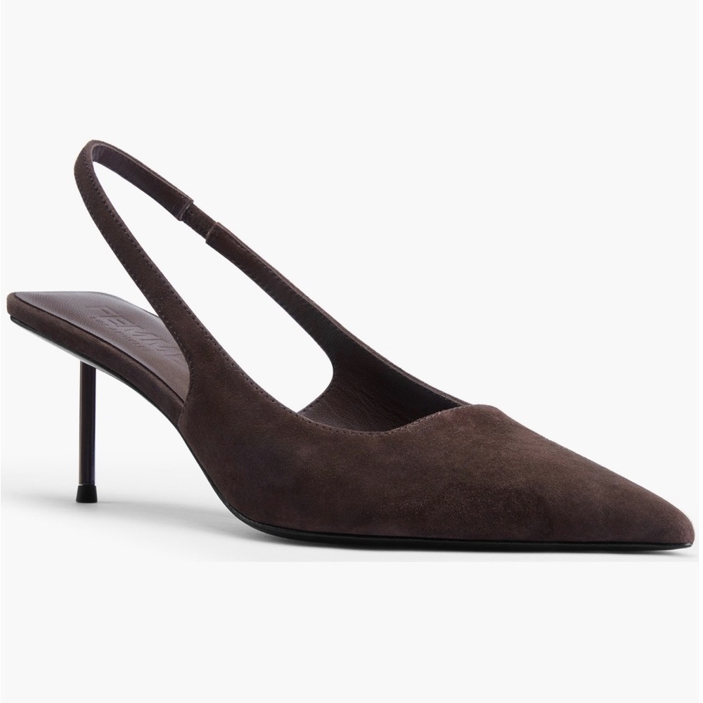 La Femme Dark Brown Suede Pointed Slingback Heels